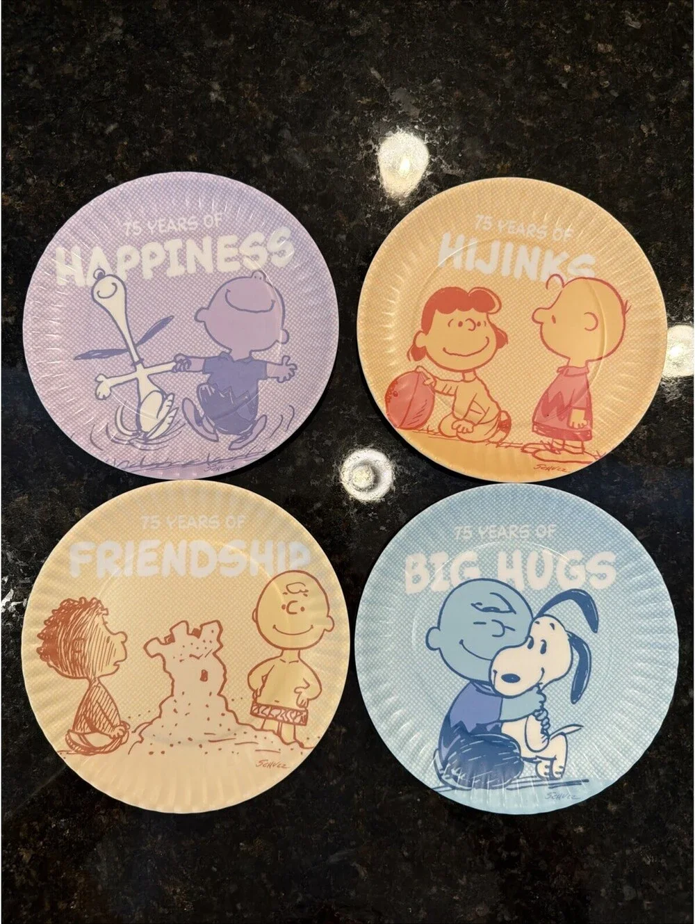 Hallmark Peanuts 75Th Anniversary Plastic Melamine Plates 7” Set Of 4